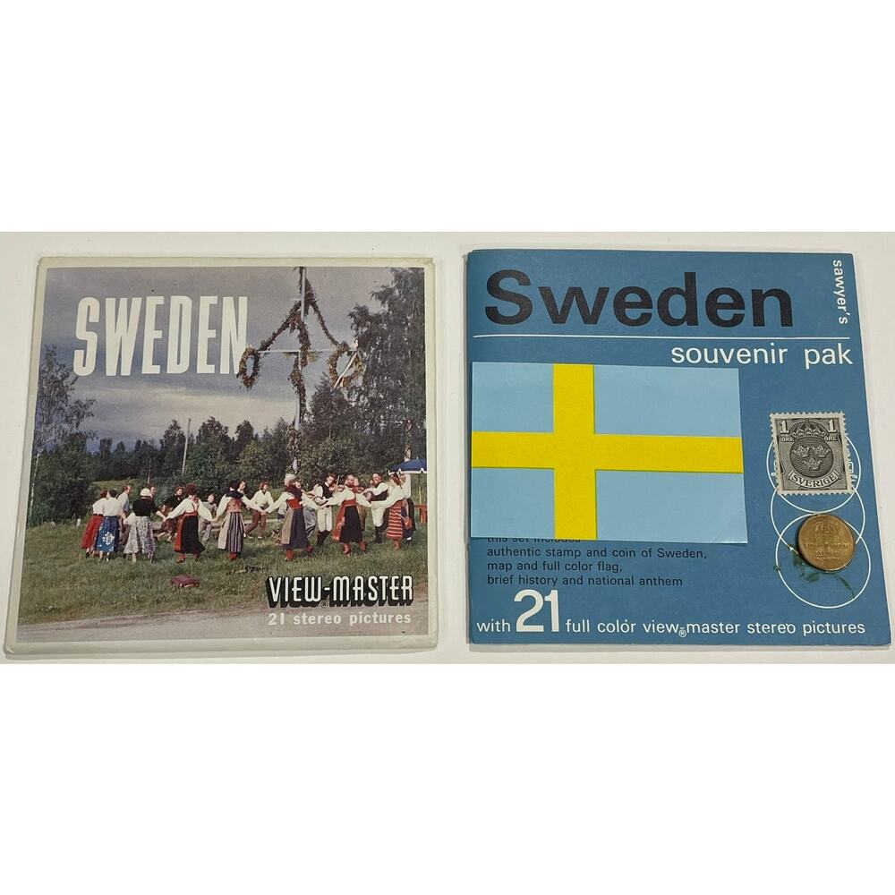 View Master Sweden B151 Sawyer 3 Reel Coin Stamp Map Flag Souvenir Pak EXC